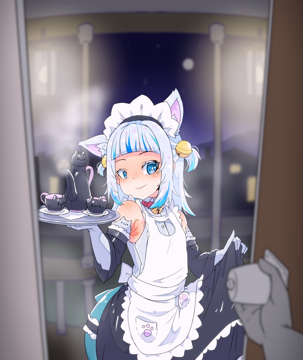 1girl, alternate_costume, apron, bangs, blue_eyes, blue_hair, city_lights, detached_sleeves