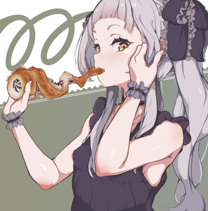 1girl, absurdres, adjusting_hair, bangs, blunt_bangs, chocolate_cornet, commentary, dress, eating, food, food_in_mouth, frilled_ribbon, frills, grey_dress, grey_hair, grey_ribbon, hair_ribbon, harapeko_zombie_inu, highres, hololive, long_hair, looking_at_viewer, looking_to_the_side, murasaki_shion, ribbon, short_eyebrows, sidelocks, sleeveless, sleeveless_dress, solo, symbol-only_commentary, twintails, upper_body, virtual_youtuber, wavy_hair, wrist_cuffs, yellow_eyes