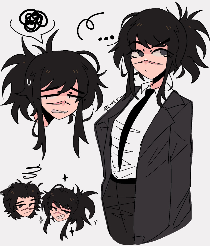 ..., 1boy, 1girl, bangs, black_hair, black_necktie, chainsaw_man, collared_shirt, dhalsk, formal, happy, highres, kurose_yuutarou, long_coat, looking_to_the_side, medium_hair, necktie, scar, scar_on_face, shirt, sidelocks, simple_background, smile, squiggle, star_(symbol), suit, sweat, tendou_michiko, twitter_username, white_background, worried