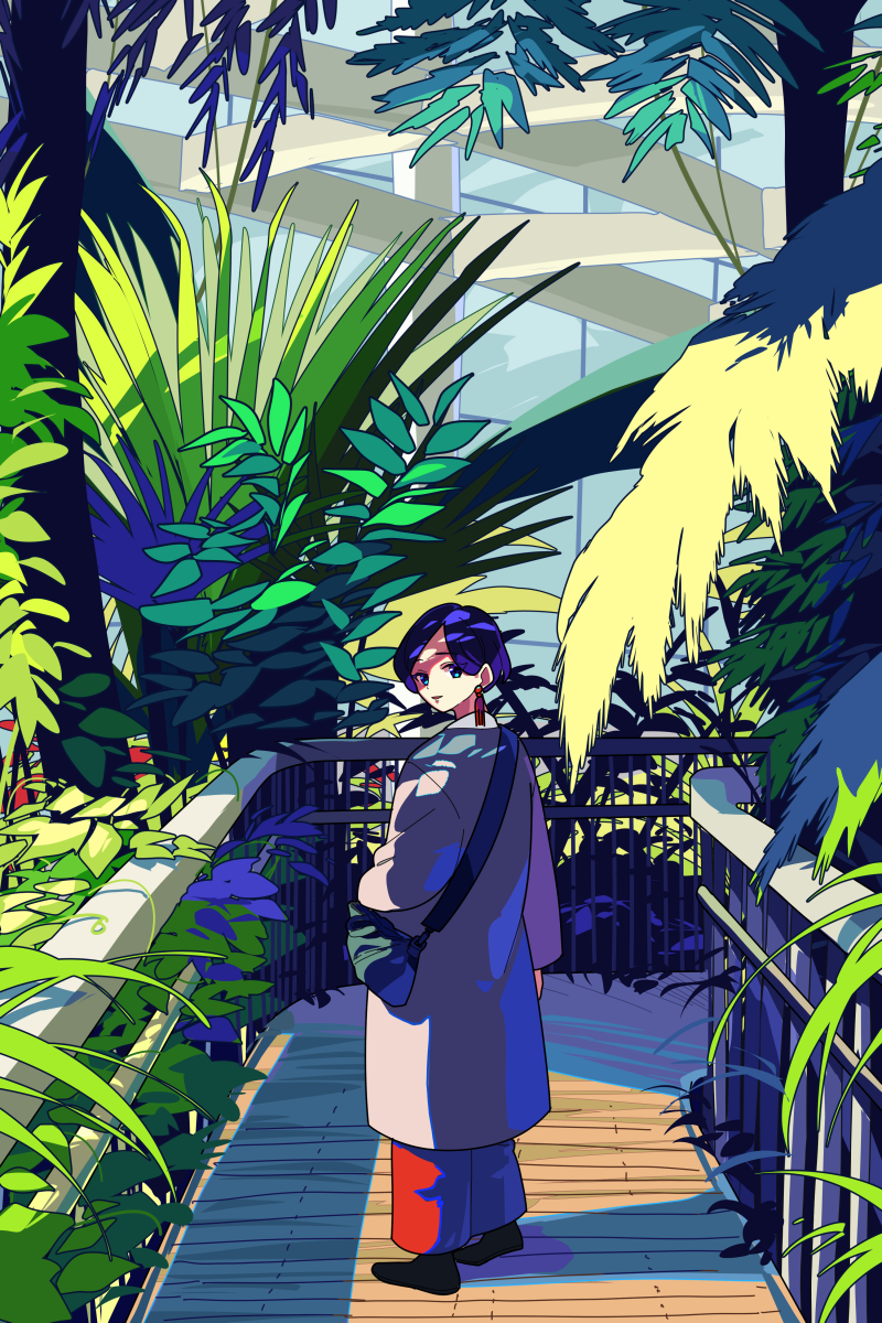 1girl, bag, black_footwear, blue_eyes, blue_hair, bumi0w0, dappled_sunlight, earrings, handbag, highres, jewelry, long_sleeves, looking_back, original, pants, plant, railing, red_pants, scenery, short_hair, solo, standing, sunlight