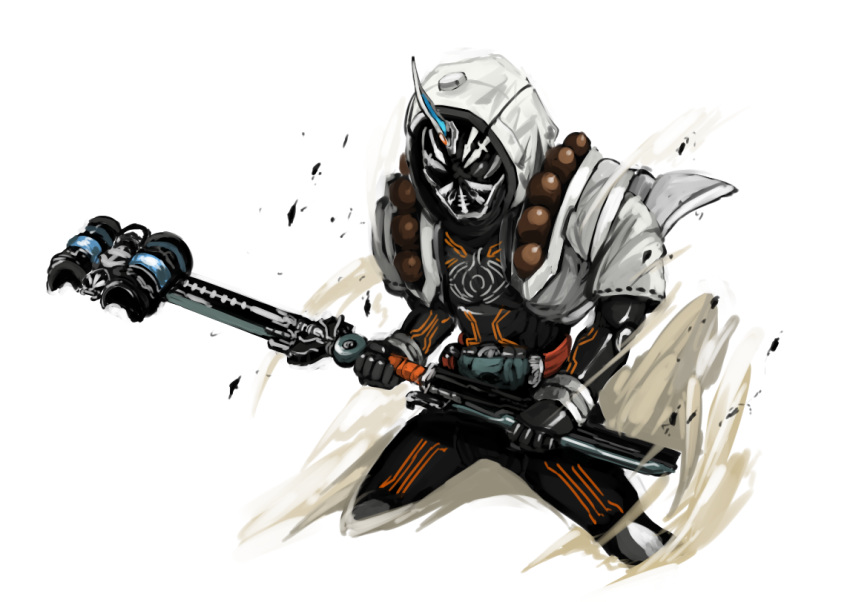 1boy, benkei_damashii, black_bodysuit, bodysuit, bug, cropped_legs, debris, faceplate