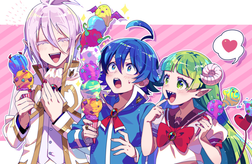 1girl, 2boys, :d, ahoge, ascot, asmodeus_alice, badge, blue_eyes, blue_hair, blush, bow, bumi0w0, button_badge, closed_eyes, curled_horns, demon_tail, eyelashes, food, gold_trim, green_eyes, green_hair, heart, horns, ice_cream, ice_cream_cone, jewelry, long_hair, mairimashita!_iruma-kun, multiple_boys, pink_background, pink_hair, pointy_ears, red_bow, ring, school_uniform, sharp_teeth, short_hair, short_sleeves, smile, spoken_heart, standing, suzuki_iruma, sweatdrop, tail, teeth, upper_body, valac_clara, very_long_hair, white_ascot