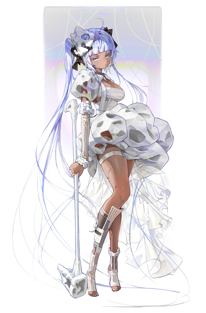 1girl, absurdly_long_hair, absurdres, armor, asymmetrical_legwear, bangs, black_bow, blue_hair, blunt_bangs, bone_armor, bone_hair_ornament, bow, breasts, closed_mouth, commentary, cracked_skin, dark-skinned_female, dark_skin, detached_sleeves, dress, frilled_sleeves, frills, full_body, grey_eyes, hair_bow, hair_ornament, high_heels, highres, holding, holding_weapon, jugyeom, leg_armor, long_hair, looking_at_viewer, medium_breasts, original, shoulder_armor, solo, standing, thigh_strap, toeless_footwear, toes, very_long_hair, war_hammer, weapon, white_background, white_dress, white_footwear