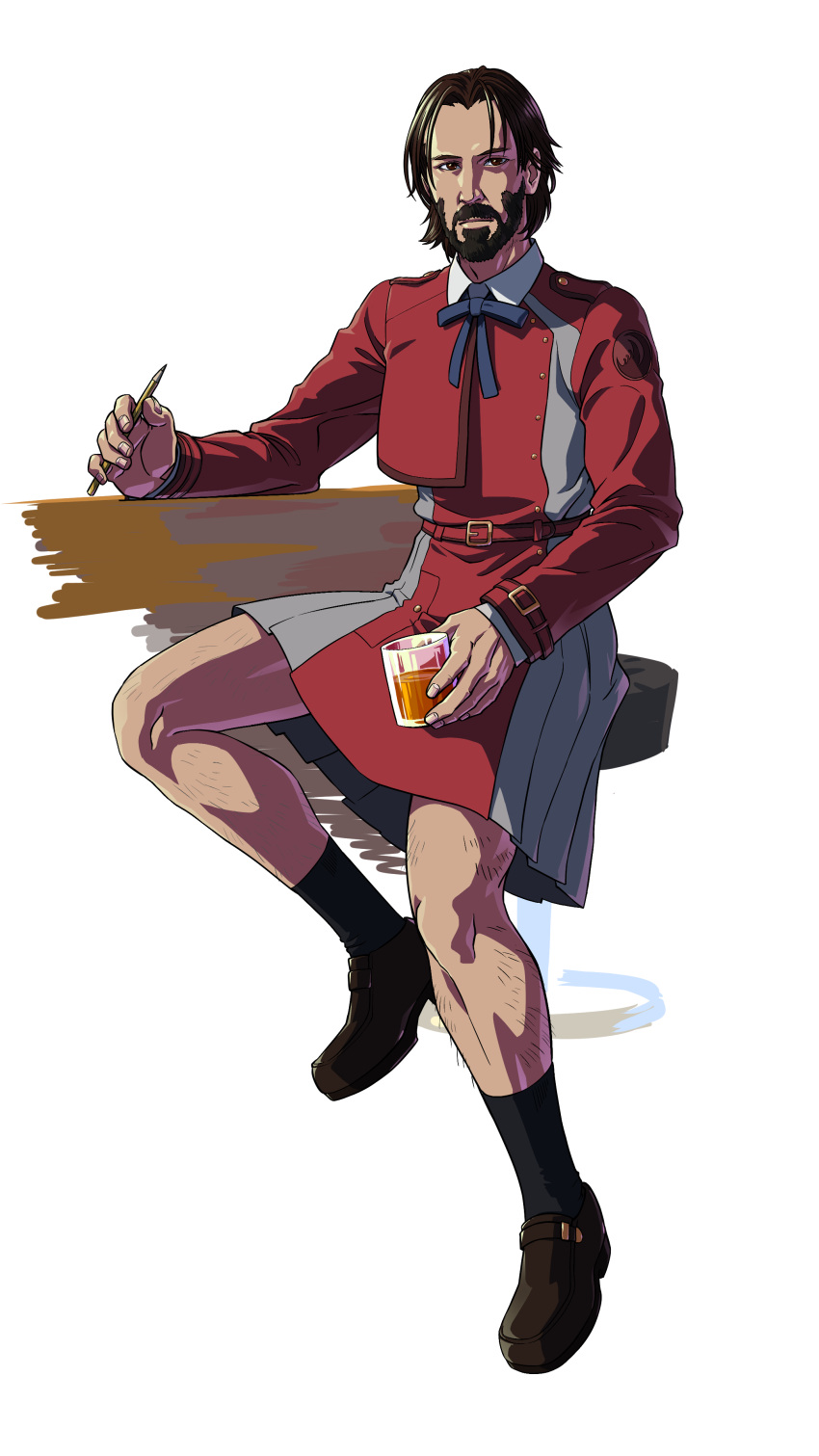 1boy, absurdres, bar_stool, beard, belt, black_hair, black_socks, blue_ribbon