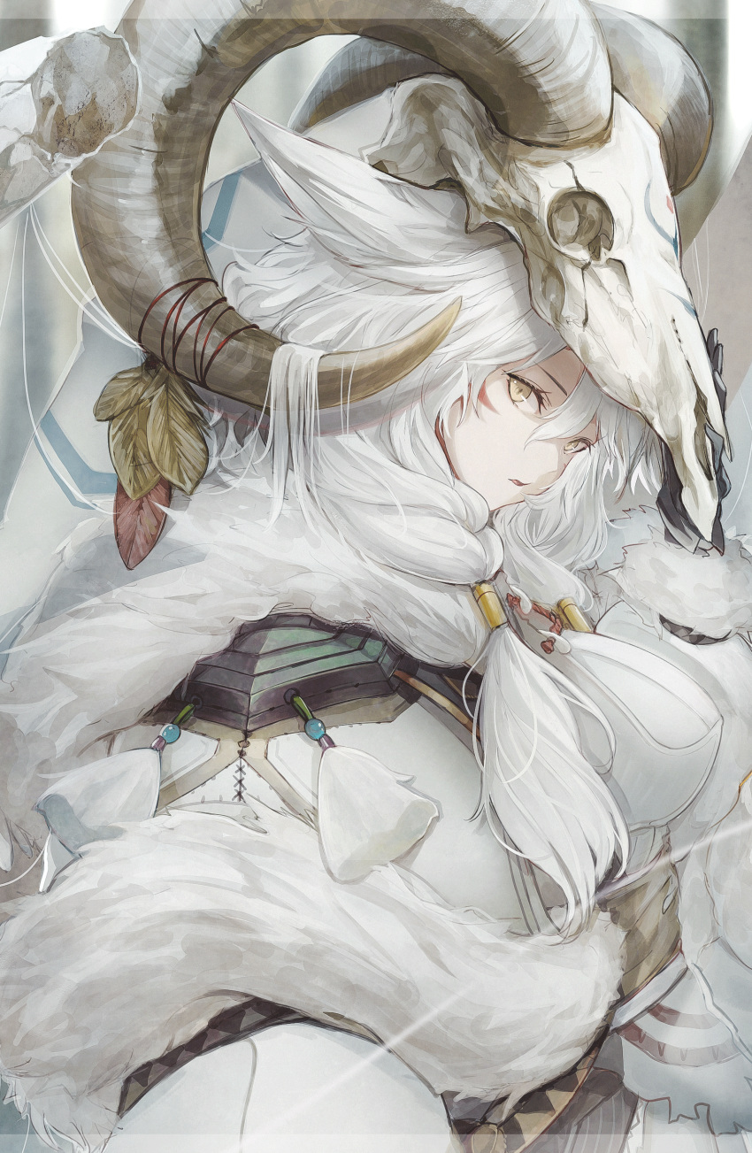 1girl, absurdres, animal_ears, animal_skull, black_gloves, commentary, curled_horns, english_commentary