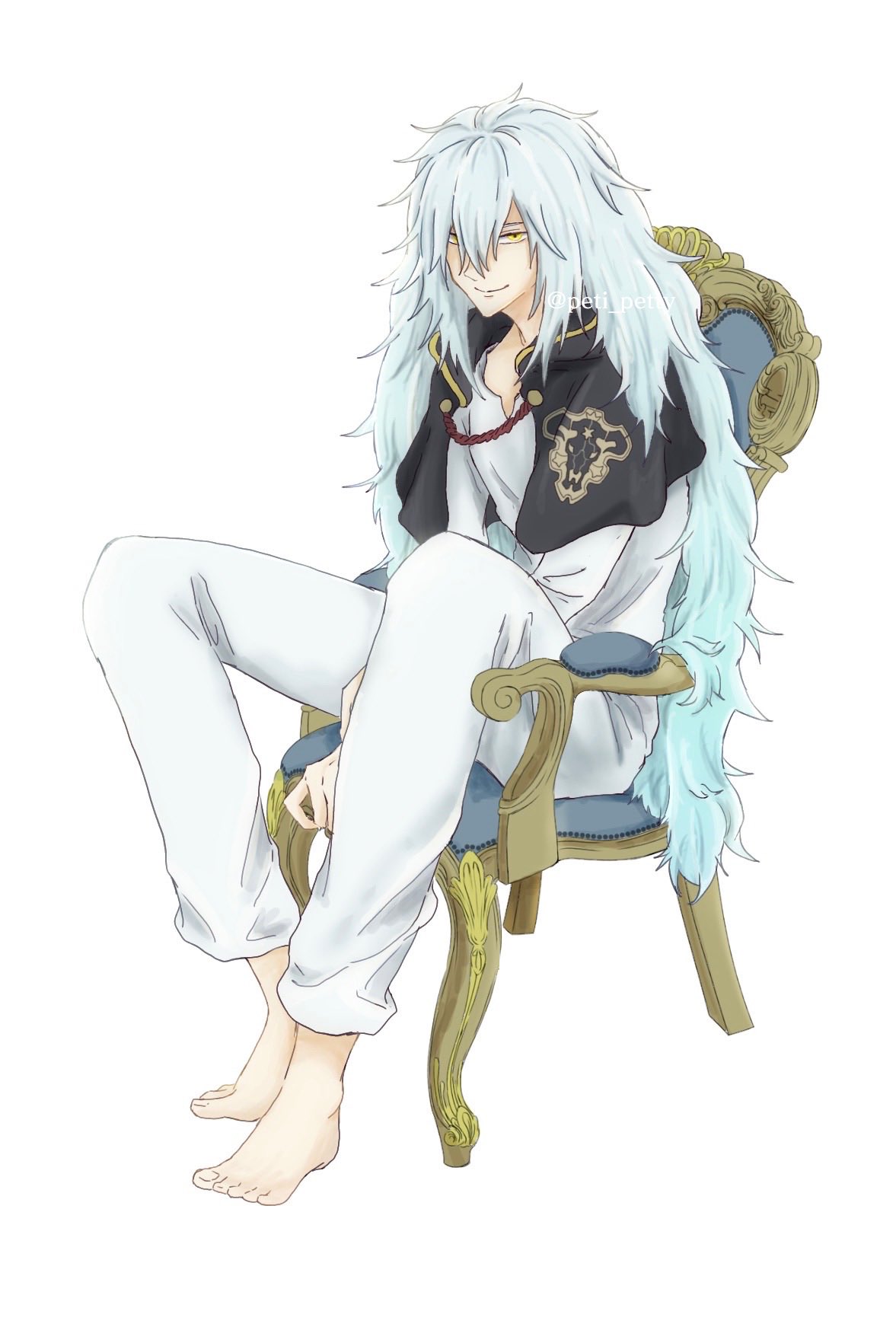 black_capelet, black_clover, blue_hair, capelet, chair, henry_legolant, highres, long_hair, peti_petty, sitting, white_background, yellow_eyes