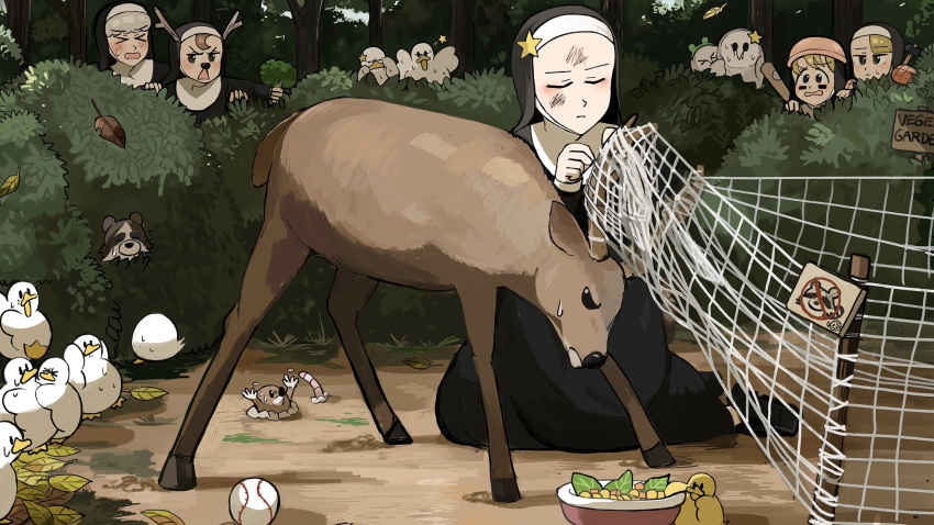 >_<, 5girls, arm_grab, baseball, baseball_bat, bird, blonde_hair, bowl