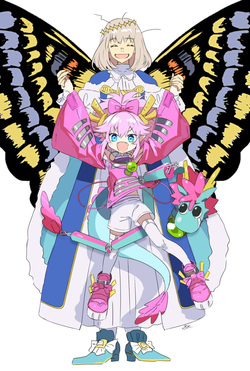 1boy, 1girl, bangs, blue_cloak, blue_eyes, blue_footwear, bug, butterfly, butterfly_wings, cloak, closed_eyes, collar, crown, diamond_hairband, dragon_girl, dragon_horns, dragon_tail, elizabeth_bathory_(fate), fate/grand_order, fate_(series), frilled_collar, frilled_sleeves, frills, fur-trimmed_cloak, fur_trim, gold_trim, highres, horns, insect_wings, juliet_sleeves, kumonryuu_eliza_(fate), long_sleeves, medium_hair, multicolored_wings, oberon_(fate), pink_hair, pirohi_(pirohi214), puffy_sleeves, tail, tassel, white_hair, wings