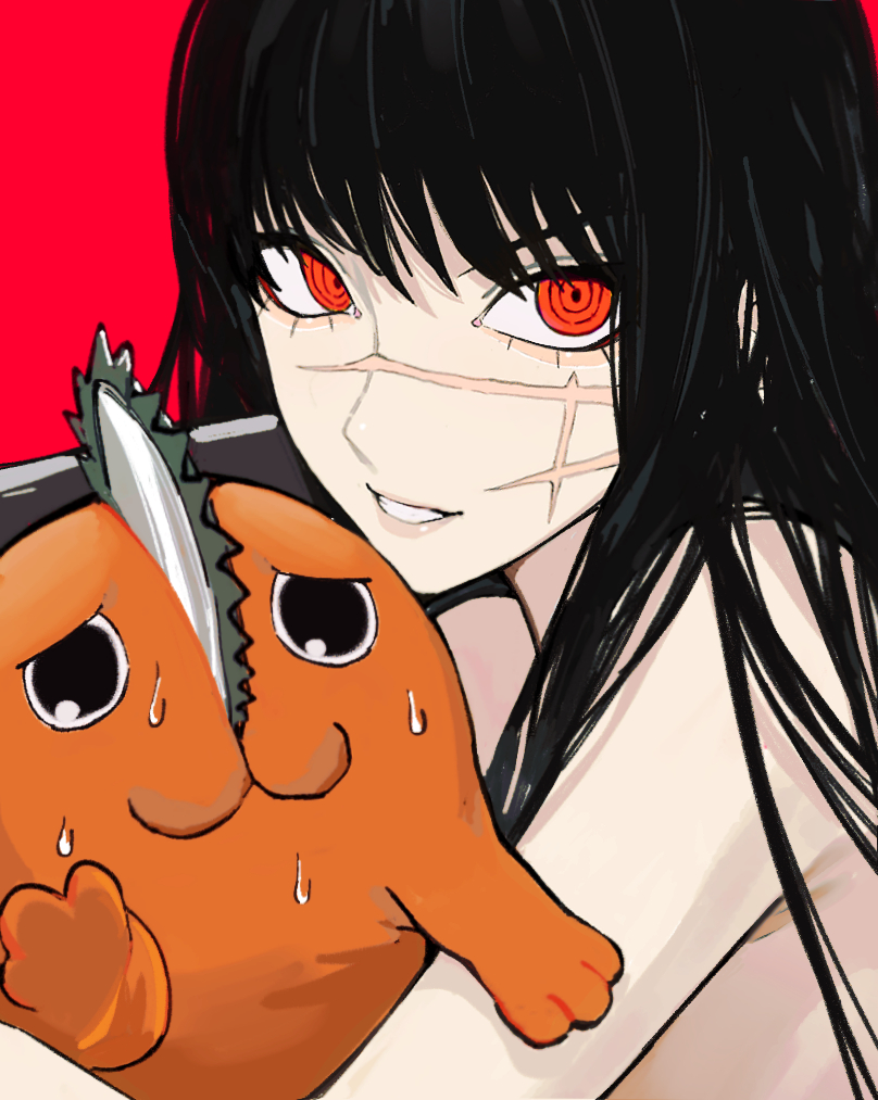 1girl, bangs, bare_shoulders, black_hair, chainsaw, chainsaw_man, hug, long_hair, looking_at_viewer, nude, pochita_(chainsaw_man), red_background, red_eyes, ringed_eyes, sailen0, scar, scar_on_cheek, scar_on_face, simple_background, sweat, war_devil_(chainsaw_man), worried, yoru_(chainsaw_man)