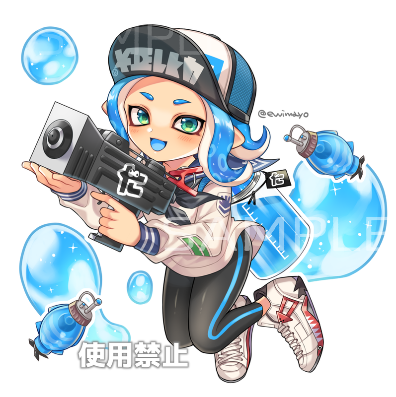 1girl, :d, aqua_eyes, baseball_cap, black_neckerchief, blue_hair, blue_sailor_collar, blue_tongue, bubble, clothes_pin, colored_tongue, full_body, hat, holding, ink_tank_(splatoon), long_hair, long_sleeves, looking_at_viewer, neckerchief, octarian, octoling, octoling_girl, open_mouth, puffy_long_sleeves, puffy_sleeves, sailor_collar, shina_shina, shirt, shoes, simple_background, single_vertical_stripe, smile, solo, splatoon_(series), splattershot_jr_(splatoon), super_soaker, tentacle_hair, torpedo_(splatoon), twitter_username, white_background, white_footwear, white_shirt