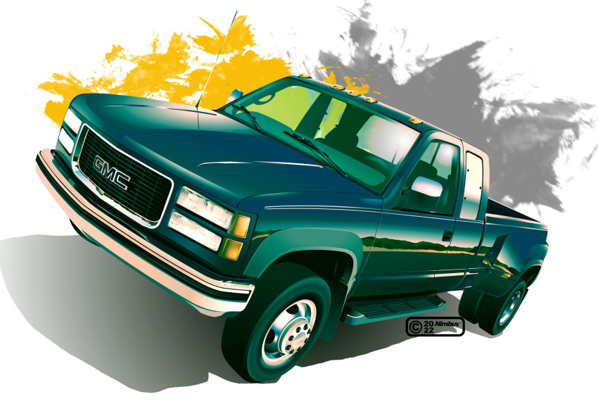 2022, artist_name, commentary_request, gmc_(automobile), gmc_sierra, ground_vehicle, highres, motor_vehicle, nimbus_goldbrum, no_humans, original, pickup_truck, radio_antenna, reflection, shadow, truck, vehicle_focus, watermark