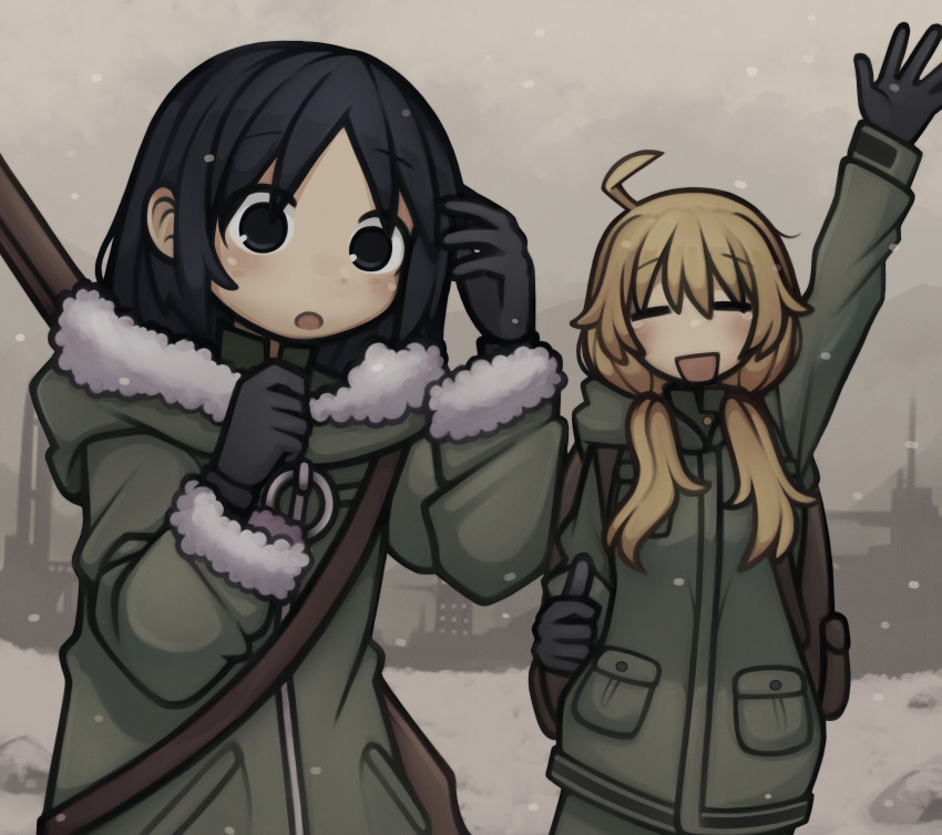 2girls, =_=, absurdres, ahoge, arm_up, backpack, bag, black_eyes
