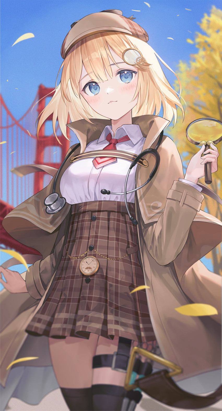 1girl, absurdres, black_thighhighs, blonde_hair, blue_eyes, blush, breasts, brown_skirt