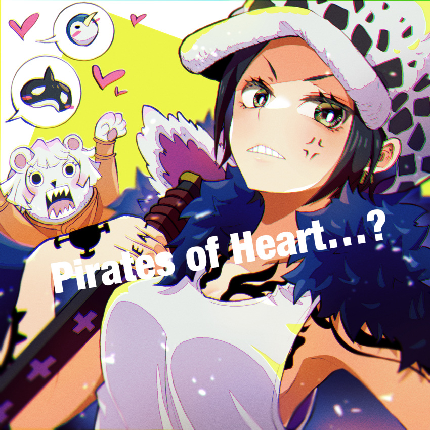 2girls, anger_vein, angry, animal_ears, animal_nose, arm_tattoo, armpits, arms_up, bepo, black_hair, camisole, cape, chest_tattoo, clenched_teeth, finger_tattoo, fur_cape, furry, furry_female, genderswap, genderswap_(mtf), hand_tattoo, hand_up, hat, heart, highres, holding, holding_sheath, holding_sword, holding_weapon, looking_at_viewer, multiple_girls, one_piece, open_mouth, outstretched_arms, sharp_teeth, sheath, sheathed, short_hair, snout, solo_focus, spoilers, stray0641071225, sword, tattoo, teeth, trafalgar_law, upper_body, v-shaped_eyebrows, weapon, yellow_eyes