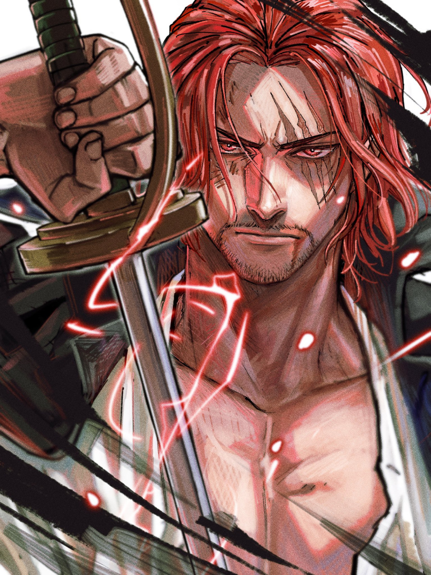 1boy, beard, commentary_request, facial_hair, highres, holding, holding_weapon, male_focus