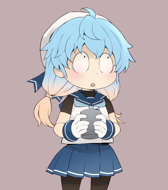 1girl, black_pantyhose, blonde_hair, blue_hair, blue_neckerchief, blue_sailor_collar, blue_skirt, constricted_pupils