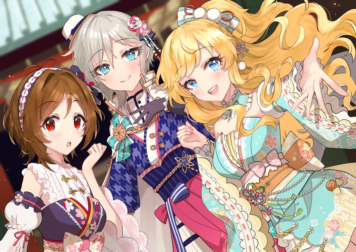 3girls, anastasia_(idolmaster), antenna_hair, blonde_hair, blue_eyes, blue_kimono, blush, brown_hair
