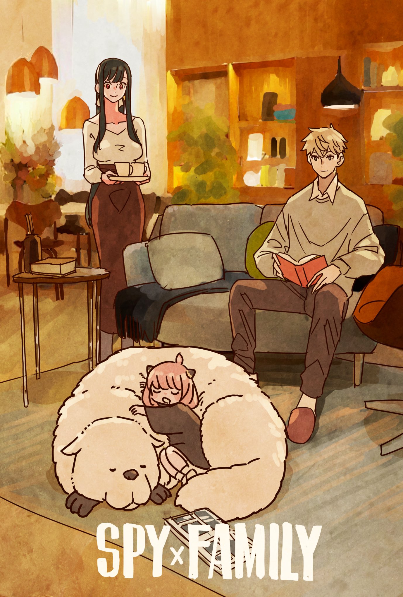 1boy, 2girls, ahoge, animal, anya_(spy_x_family), bangs, black_dress, black_hair