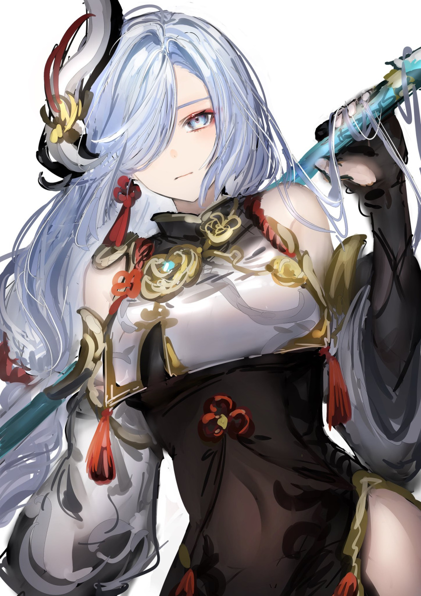 1girl, bodysuit, breast_curtain, brown_eyes, clothing_cutout, earrings, genshin_impact, gold_trim