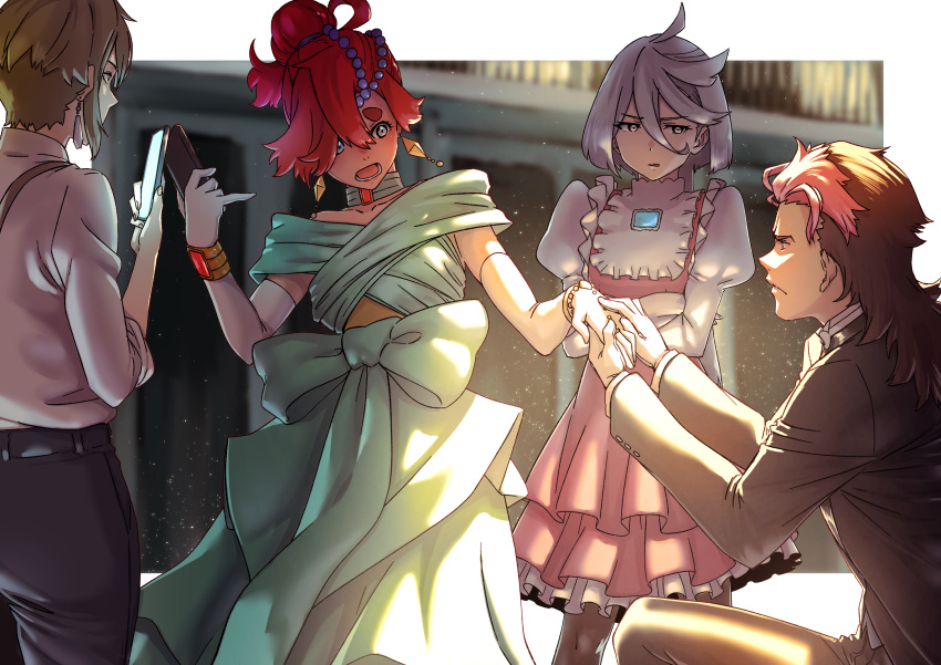 2boys, 2girls, absurdres, aduti_momoyama, bangs, black_hair, blue_eyes, bracelet