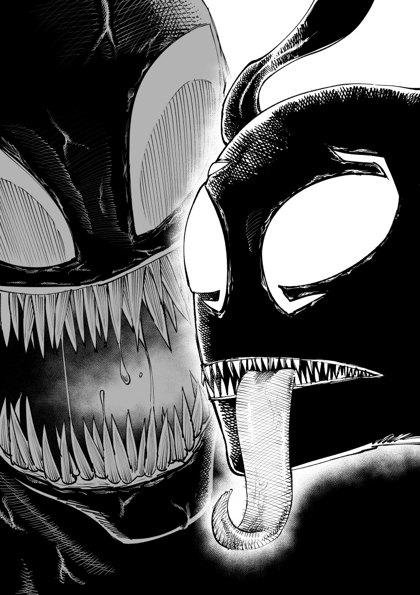 absurdres, alien, greyscale, highres, kage_(marvel), long_tongue, looking_ahead, looking_at_viewer, marvel, monochrome, multiple_views, saliva, sharp_teeth, smile, symbiote, teeth, tongue, tongue_out, uesugi_hikaru