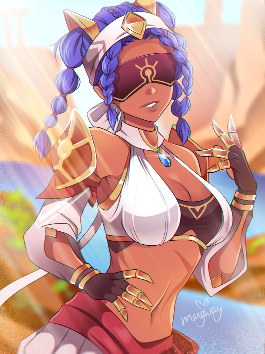 1girl, armor, bare_shoulders, blindfold, blue_hair, braid, dark-skinned_female, dark_skin, detached_sleeves, genshin_impact, gloves, hairband, highres, jeht_(genshin_impact), jewelry, mingway, navel, necklace, red_sash, sash, scar, scar_on_stomach, shoulder_armor, simple_background, smile, twin_braids, twintails