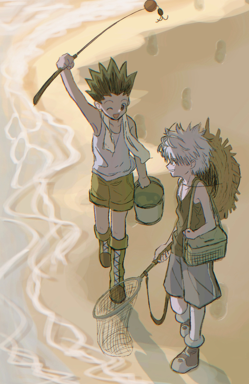 2boys, arm_up, bag, beach, black_hair, boots, bucket, butterfly_net
