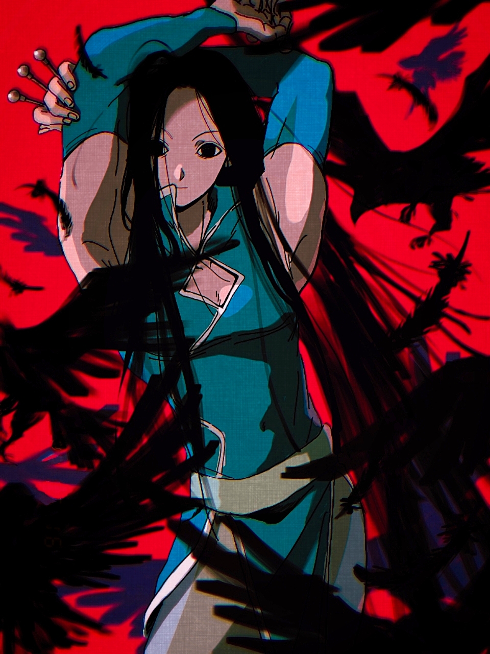 1boy, arms_up, bird, black_eyes, black_feathers, black_hair, chinese_clothes, crow