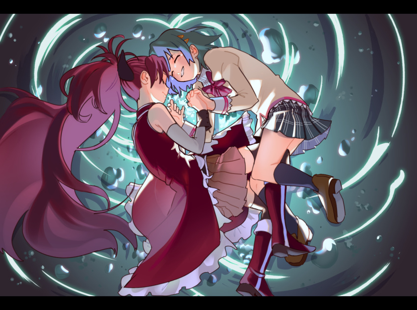 2girls, black_footwear, black_socks, black_thighhighs, blue_hair, boots, closed_eyes, full_body