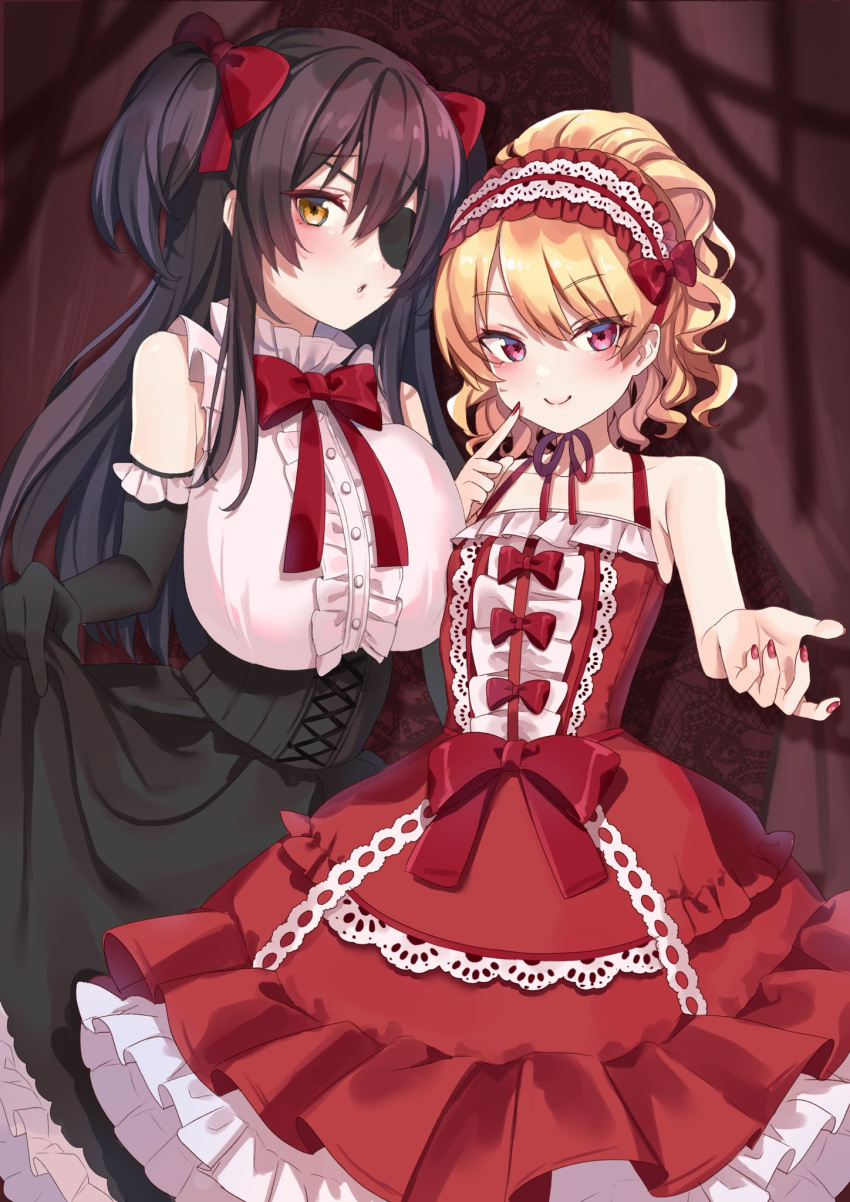 2girls, bishooji, black_dress, black_gloves, black_hair, blonde_hair, bow, bowtie, breasts, brown_eyes, collarbone, corset, dress, dress_shirt, elbow_gloves, eyepatch, gloves, gokusai_kaibi, hair_bow, hairband, highres, large_breasts, lolita_fashion, lolita_hairband, looking_at_viewer, multiple_girls, red_bow, red_bowtie, red_dress, red_nails, shirt, short_hair, simple_background, skirt_hold, sleeveless, sleeveless_dress, small_breasts, toaru_kagaku_no_railgun, toaru_majutsu_no_index, twintails, violet_eyes, yumiya_rakko