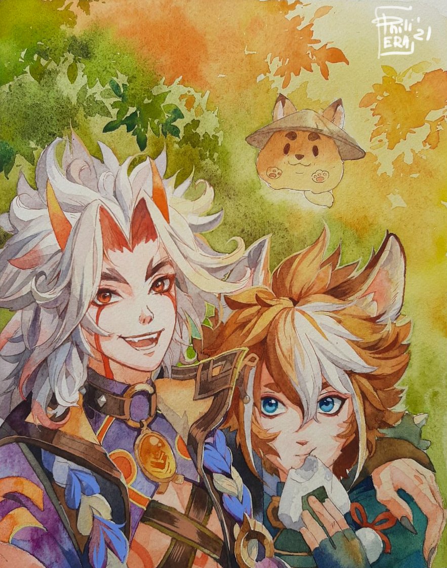 2021, 2boys, animal_ears, arataki_itto, artist_name, black_nails, blue_eyes, brown_eyes