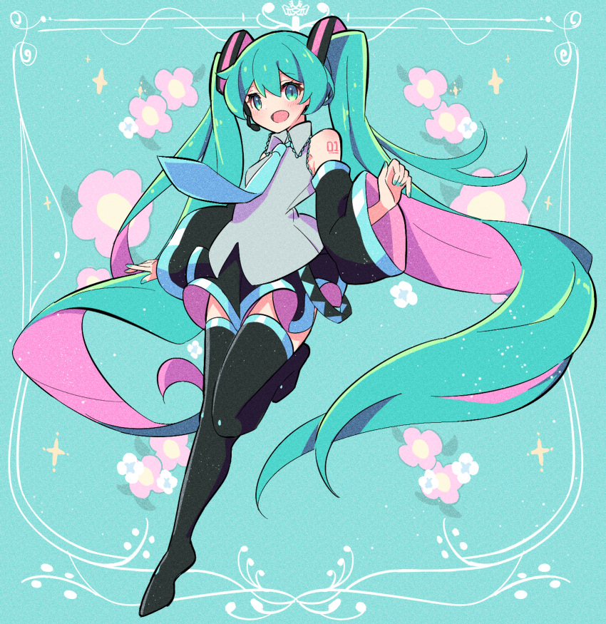1girl, :d, aqua_necktie, arm_tattoo, arm_up, bangs, bare_shoulders, black_skirt