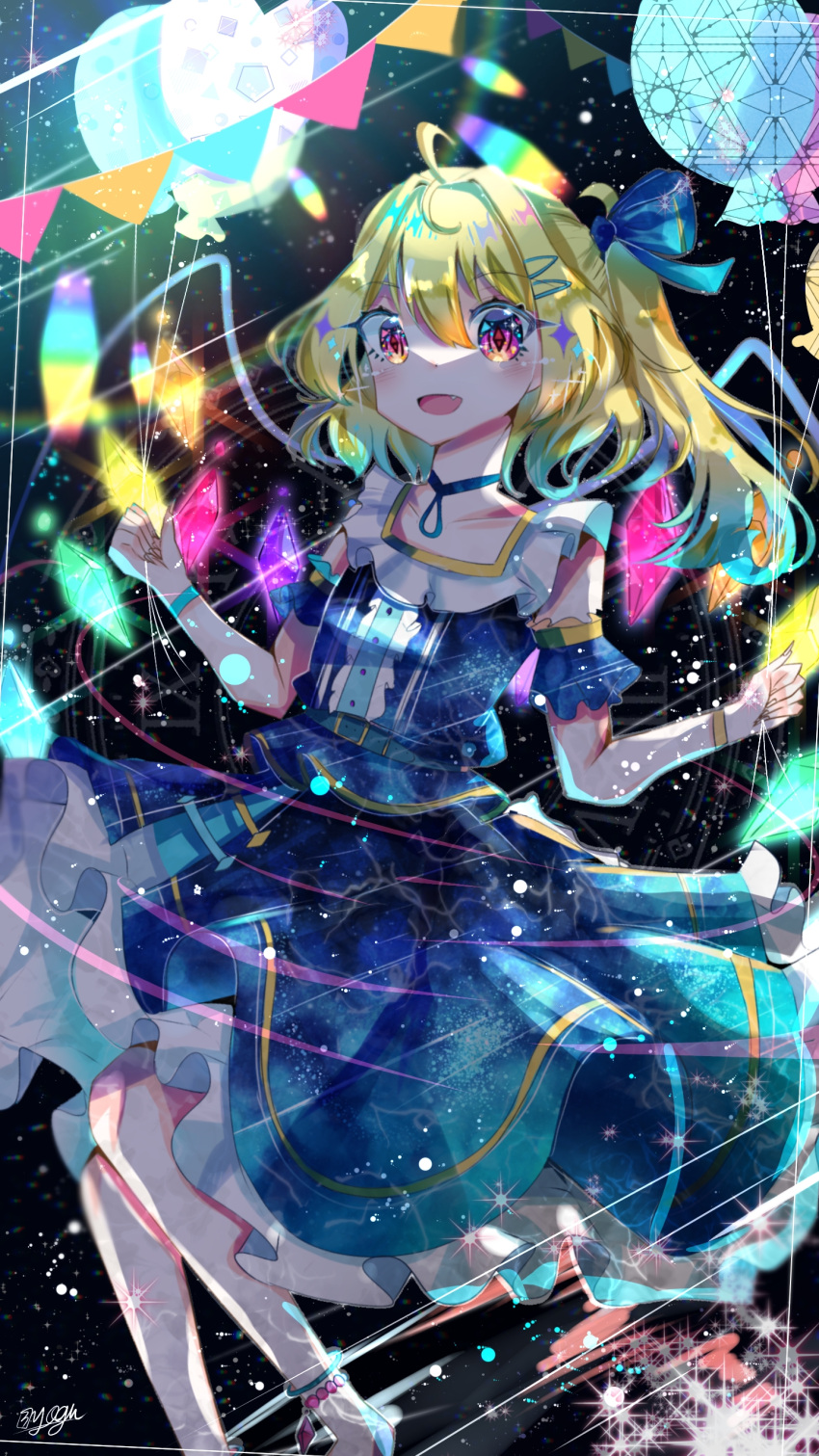 1girl, absurdres, alternate_costume, back_bow, blonde_hair, blue_skirt, bow, collarbone, dark_background, fang, feet_out_of_frame, flandre_scarlet, frilled_skirt, frills, garland_(decoration), glowing, glowing_wings, hair_between_eyes, highres, looking_at_another, medium_hair, multicolored_wings, no_headwear, norua, open_mouth, red_eyes, side_ponytail, skirt, solo, symbol-shaped_pupils, touhou, wings