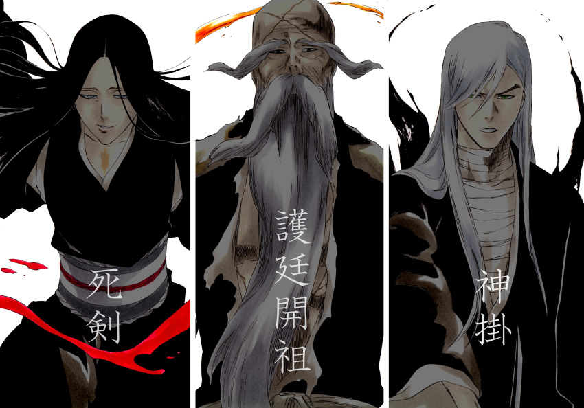 1girl, 2boys, abs, absurdres, bald, bangs, beard, black_kimono