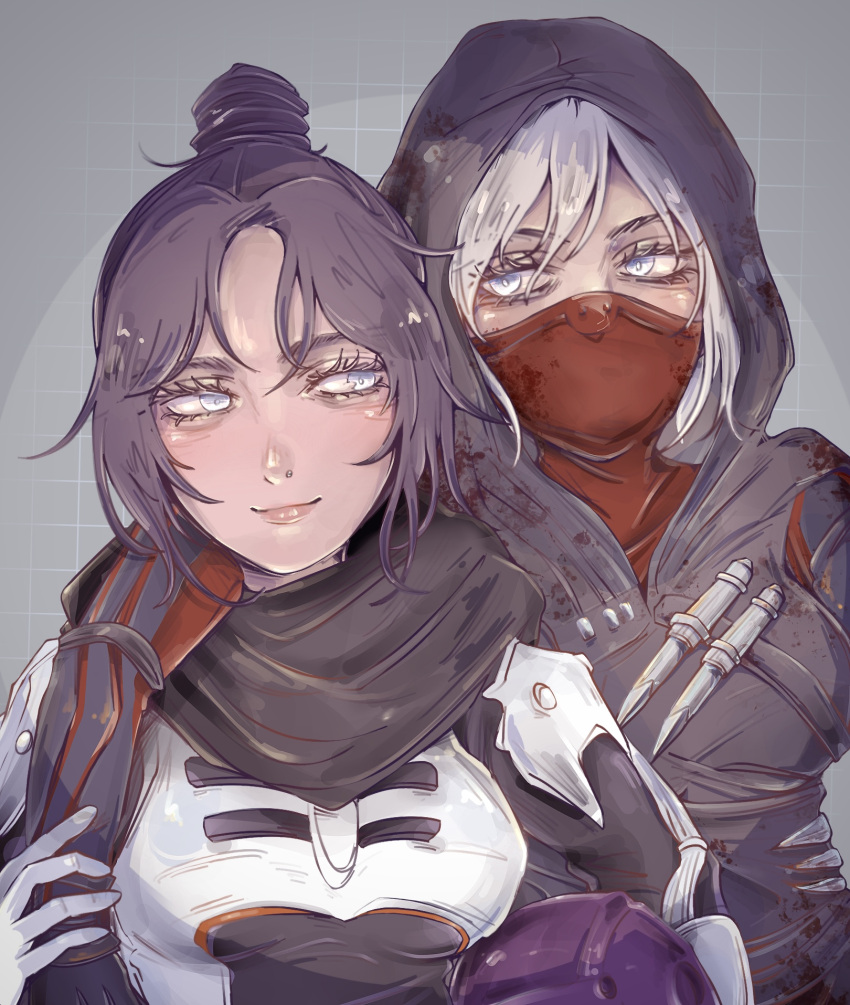 2girls, animification, apex_legends, arm_around_shoulder, armor, bangs, black_bodysuit, black_hair, blood, blood_on_clothes, blue_eyes, bodysuit, datsushaba, dual_persona, grey_background, grey_hair, hair_bun, headwear_removed, helmet, helmet_removed, highres, holding_another's_arm, hood, hood_up, hooded_bodysuit, knife, looking_at_another, looking_to_the_side, mask, mouth_mask, multiple_girls, ninja, nose_piercing, official_alternate_costume, parted_bangs, piercing, rift_stalker_wraith, smile, upper_body, voidwalker_wraith, wraith_(apex_legends)