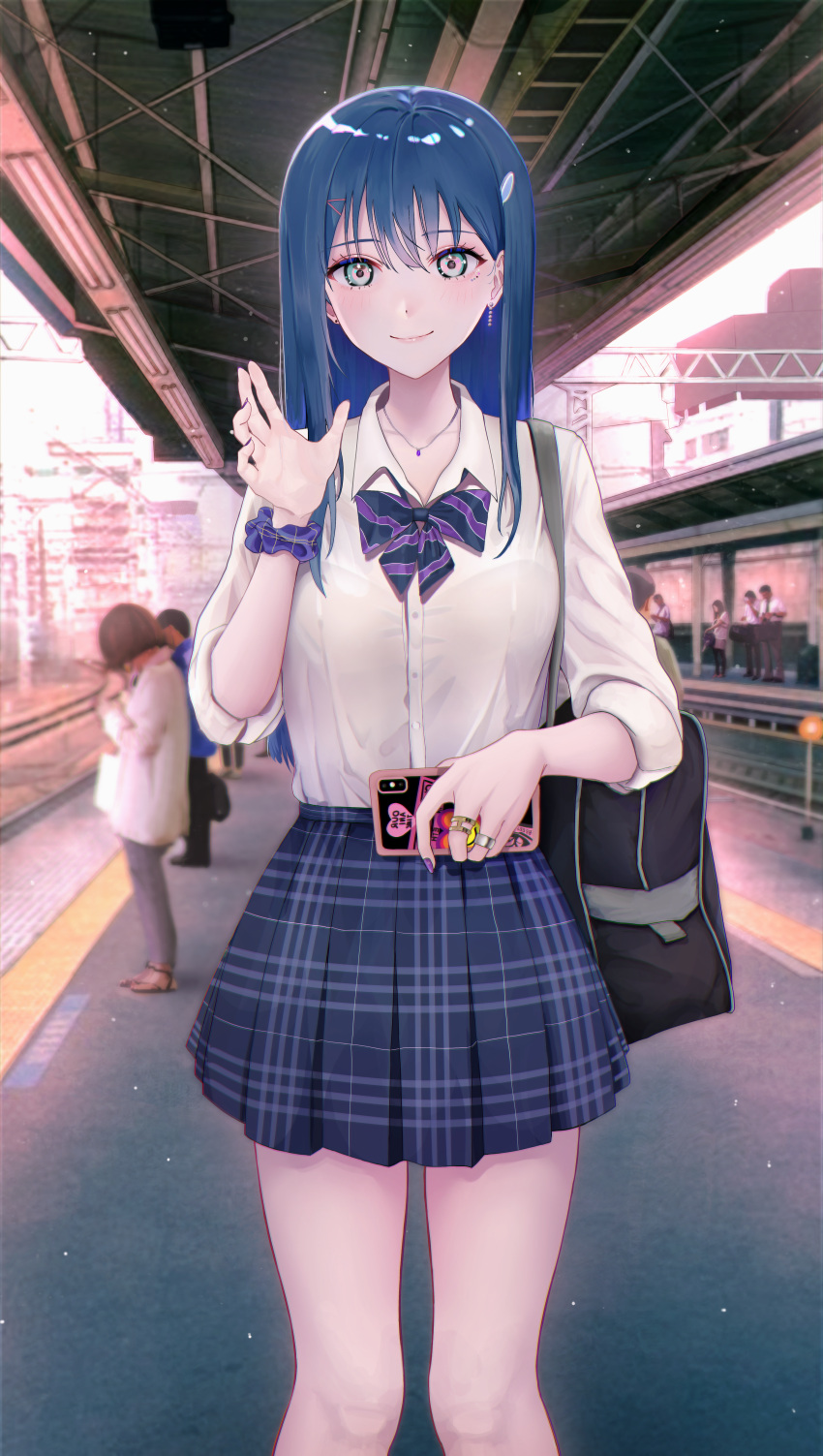 1girl, absurdres, bag, bangs, black_bag, blue_bow, blue_hair, blue_skirt