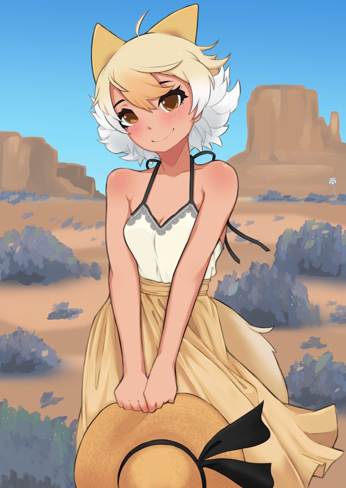 1girl, alternate_costume, animal_ears, bare_shoulders, blonde_hair, blush, casual, cowboy_shot