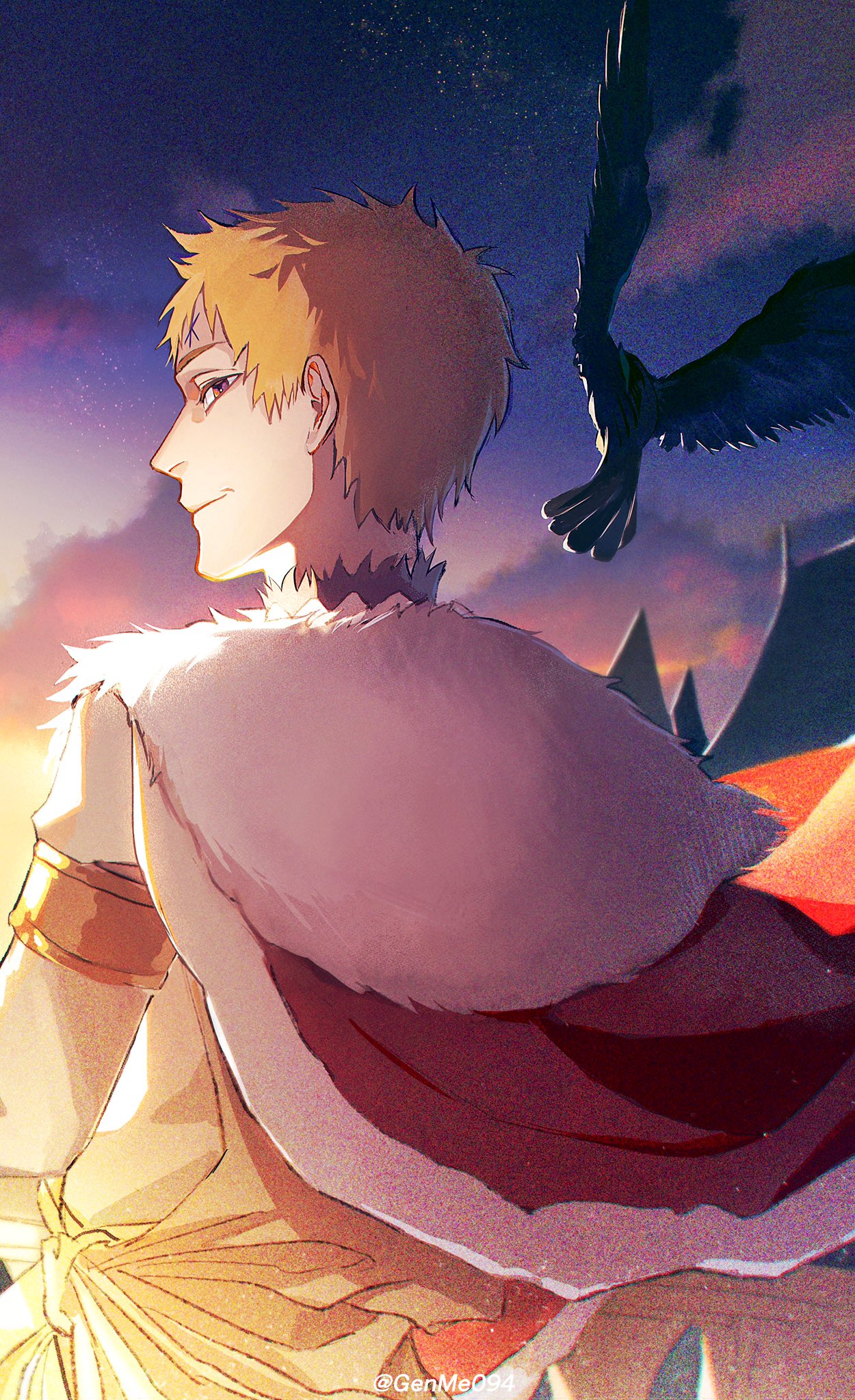 black_clover, blonde_hair, facial_mark, fur_trim, gen_me, highres, julius_novachrono, looking_back