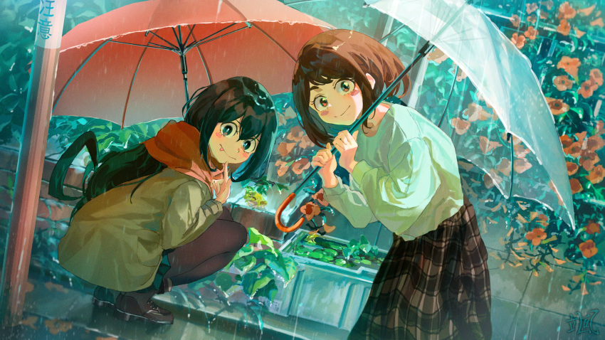 2girls, :p, absurdres, asui_tsuyu, bangs, black_eyes, black_footwear, black_hair