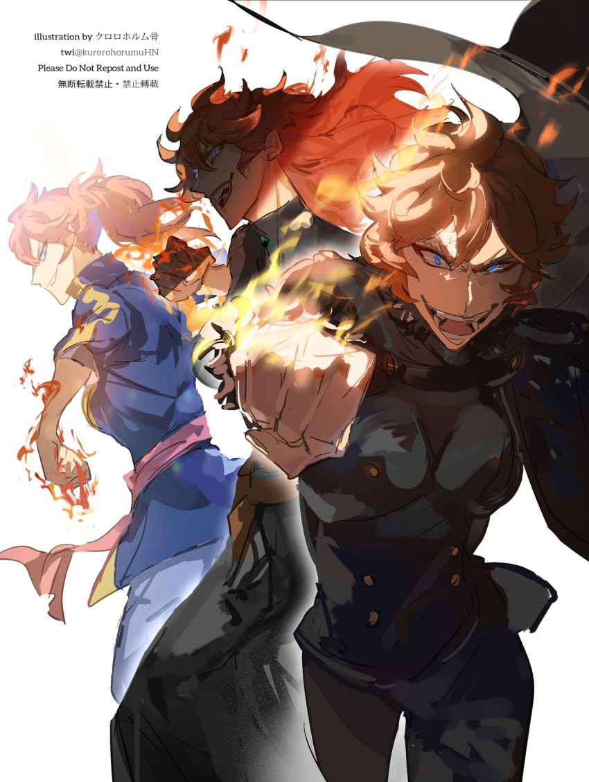 black_clover, blue_hair, clenched_hands, fire, flaming_hand, highres, kurorohorumuhn, long_hair