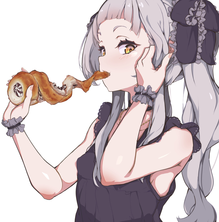 1girl, absurdres, adjusting_hair, bangs, blunt_bangs, chocolate_cornet, commentary, dress, eating, food, food_in_mouth, frilled_ribbon, frills, grey_dress, grey_hair, grey_ribbon, hair_ribbon, harapeko_zombie_inu, highres, hololive, long_hair, looking_at_viewer, looking_to_the_side, murasaki_shion, ribbon, short_eyebrows, sidelocks, simple_background, sleeveless, sleeveless_dress, solo, symbol-only_commentary, twintails, upper_body, virtual_youtuber, wavy_hair, white_background, wrist_cuffs, yellow_eyes
