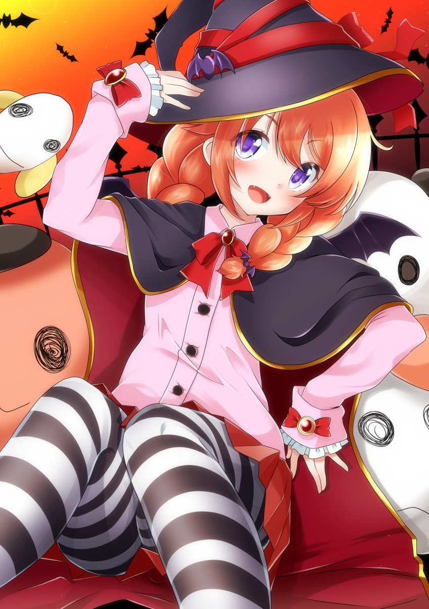 1girl, absurdres, adjusting_clothes, adjusting_headwear, bangs, bat_(animal), bat_wings, black_cape, black_pantyhose, bow, bowtie, braid, brooch, cape, commentary_request, dress_shirt, fangs, frilled_sleeves, frills, ghost, halloween, halloween_costume, hat, highres, jewelry, long_hair, long_sleeves, looking_at_viewer, miniskirt, miso_bon, open_mouth, orange_hair, pantyhose, partial_commentary, pink_shirt, pleated_skirt, princess_connect!, red_bow, red_bowtie, red_cape, red_skirt, red_sky, shirt, sitting, skirt, sky, smile, solo, striped, striped_pantyhose, twin_braids, twintails, two-sided_cape, two-sided_fabric, violet_eyes, white_pantyhose, wing_collar, wings, witch_hat, yuni_(princess_connect!)
