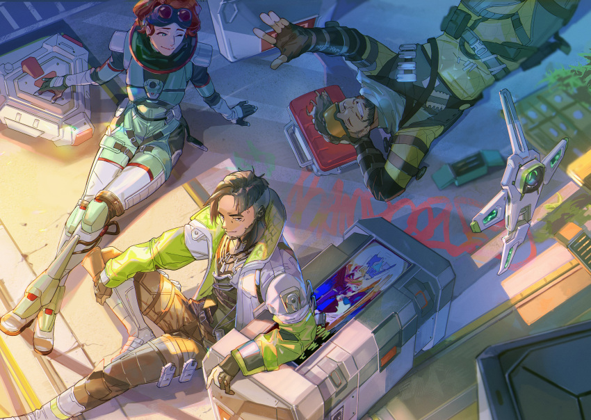 1girl, 2boys, absurdres, ammunition_box, animification, apex_legends, black_eyes, black_gloves