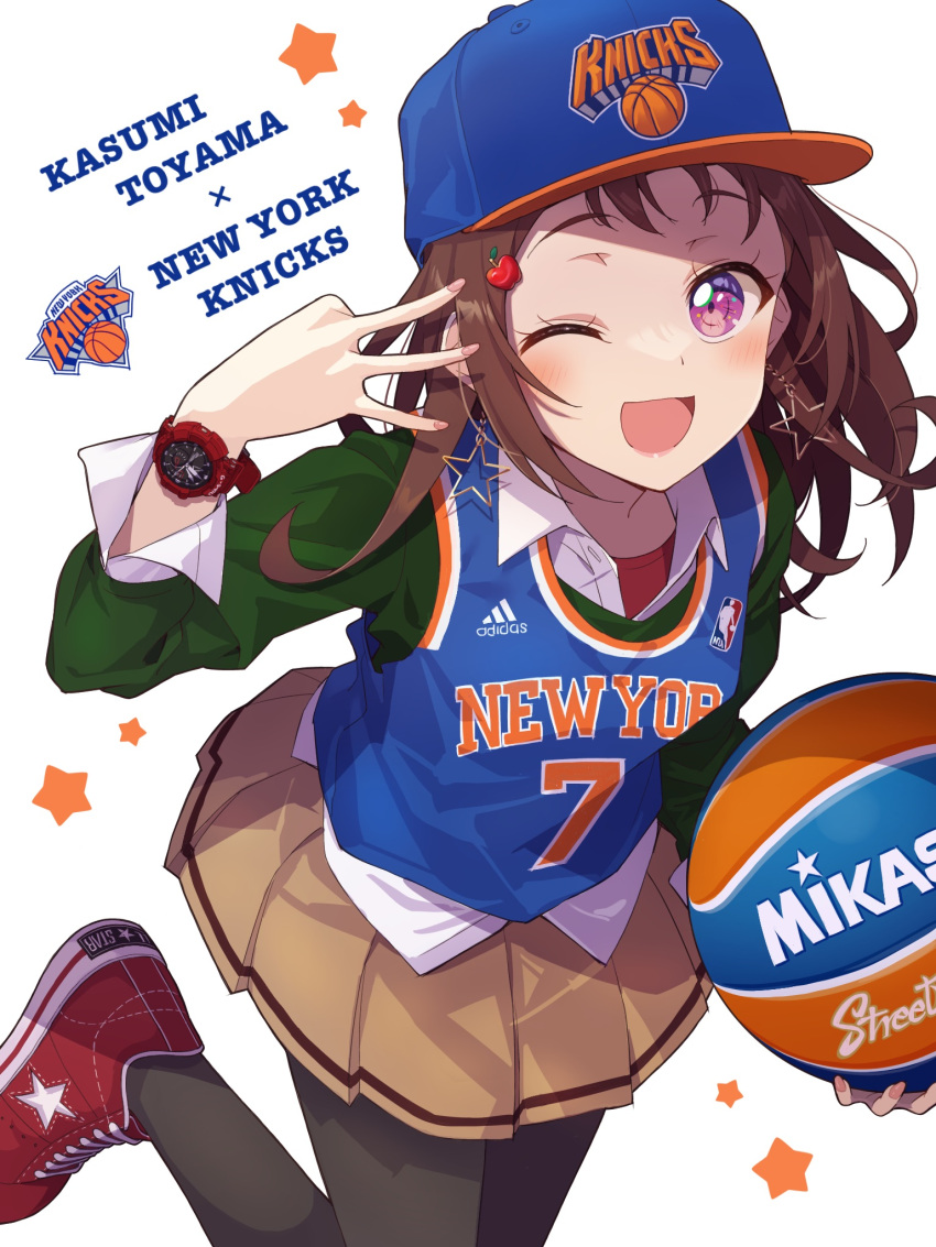 1girl, apple_hair_ornament, ball, bang_dream!, basketball, basketball_jersey, black_pantyhose, blue_shirt, blush, brown_skirt, character_name, collared_shirt, converse, earrings, food-themed_hair_ornament, green_sweater, hair_ornament, highres, holding, holding_ball, jewelry, layered_clothes, national_basketball_association, new_york_knicks, one_eye_closed, pantyhose, red_footwear, red_shirt, shirt, shoes, skirt, sleeveless, sleeveless_shirt, smile, sneakers, solo, star_(symbol), star_earrings, sweater, toyama_kasumi, violet_eyes, w, watch, watch, white_background, white_shirt, yazawa_happyaro