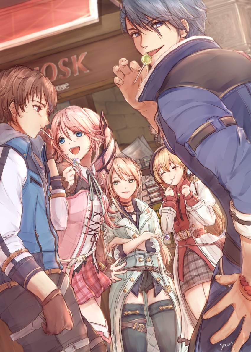 2boys, 3girls, agnes_claudel, black_eyes, blonde_hair, blue_eyes, bracelet, brown_eyes