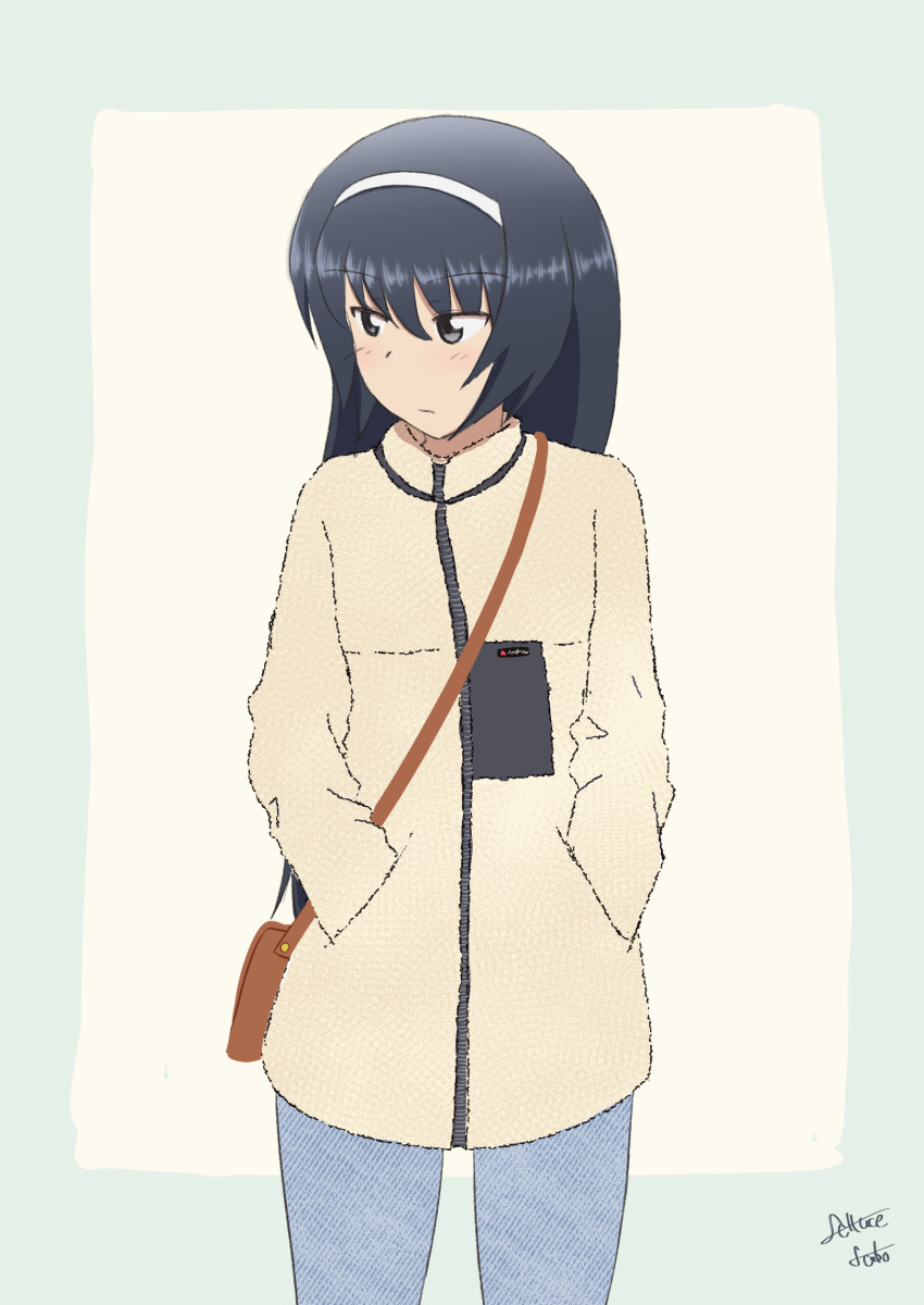 1girl, artist_name, bag, bangs, black_hair, blue_pants, brown_eyes, casual