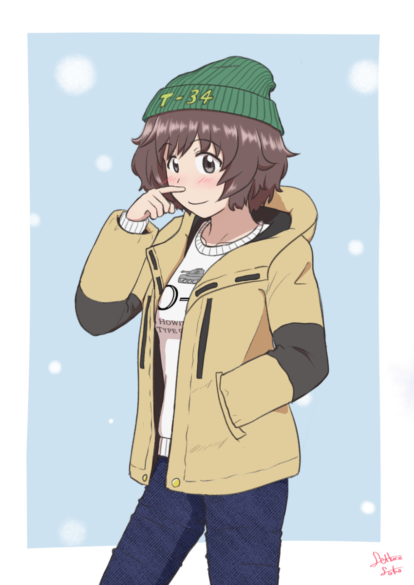 1girl, akiyama_yukari, artist_name, bangs, beanie, blue_pants, blush, brown_eyes