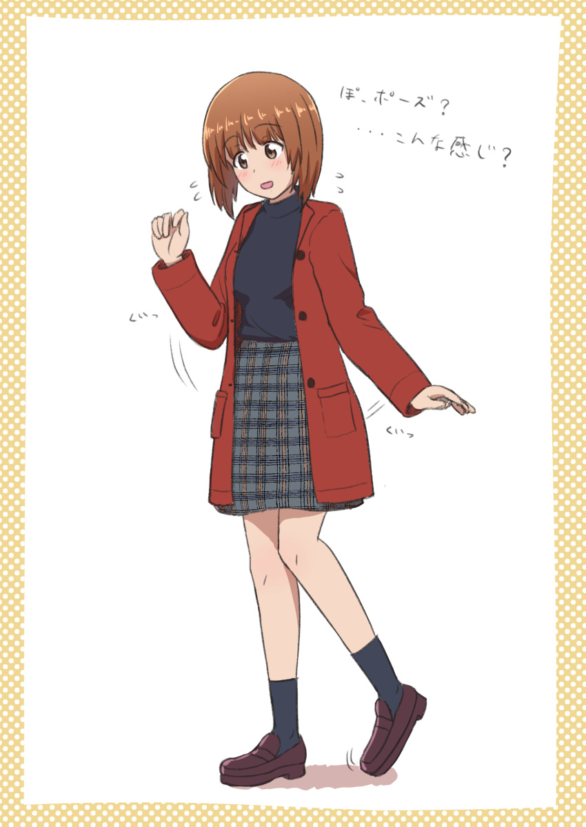 1girl, bangs, black_footwear, black_shirt, black_socks, blush, brown_eyes, brown_hair