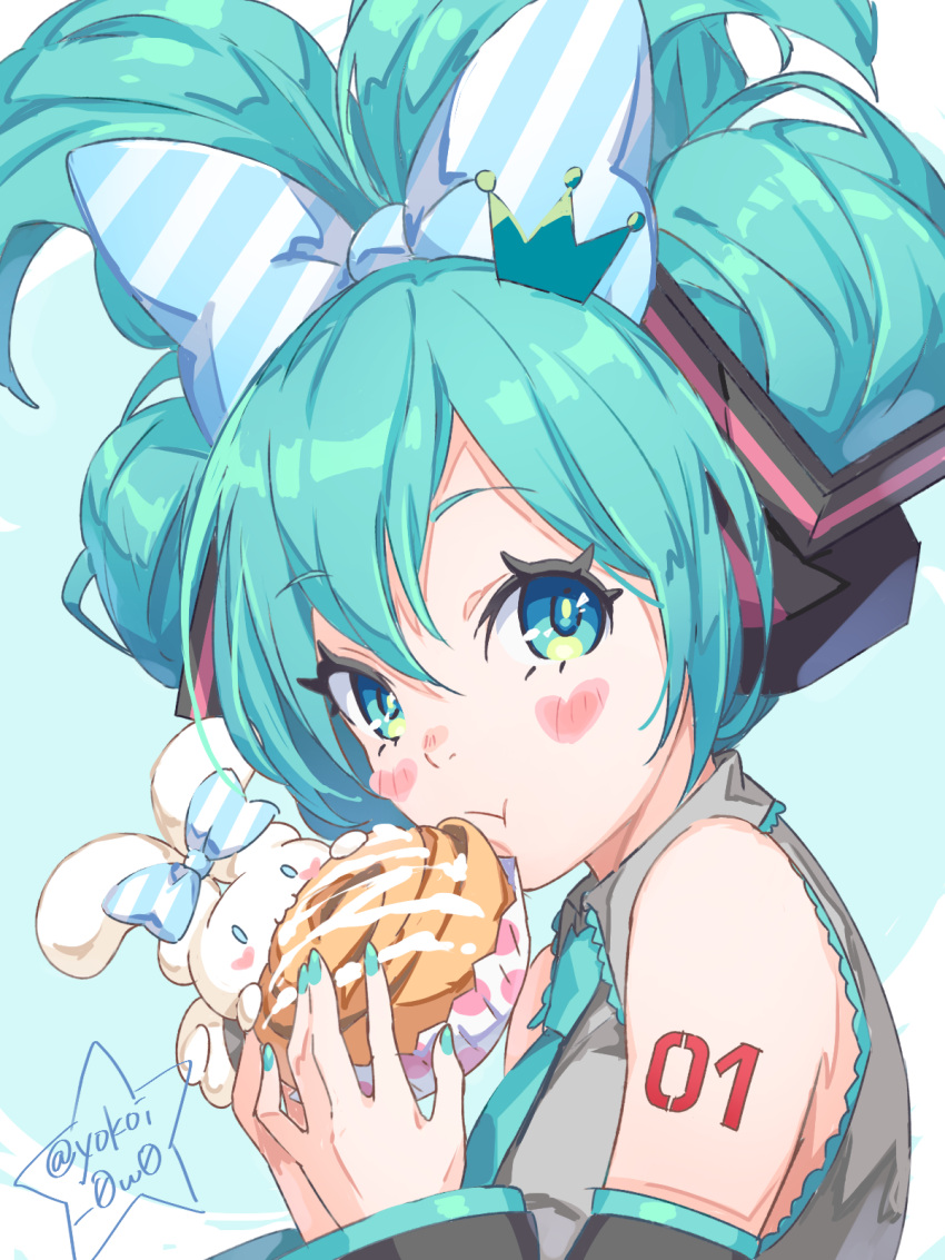 1girl, :t, aqua_eyes, aqua_hair, aqua_nails, aqua_necktie, arm_tattoo, bangs, bare_shoulders, big_hair, black_sleeves, blush, bow, cinnamiku, cinnamon_roll, cinnamoroll, closed_mouth, collared_shirt, detached_sleeves, fingernails, food, green_pupils, grey_shirt, hair_between_eyes, hair_bow, hands_up, hatsune_miku, heart, highres, holding, holding_food, icing, long_sleeves, nail_polish, necktie, number_tattoo, sanrio, shirt, short_hair, striped, striped_bow, tattoo, twitter_username, upper_body, vocaloid, yokoi_aya