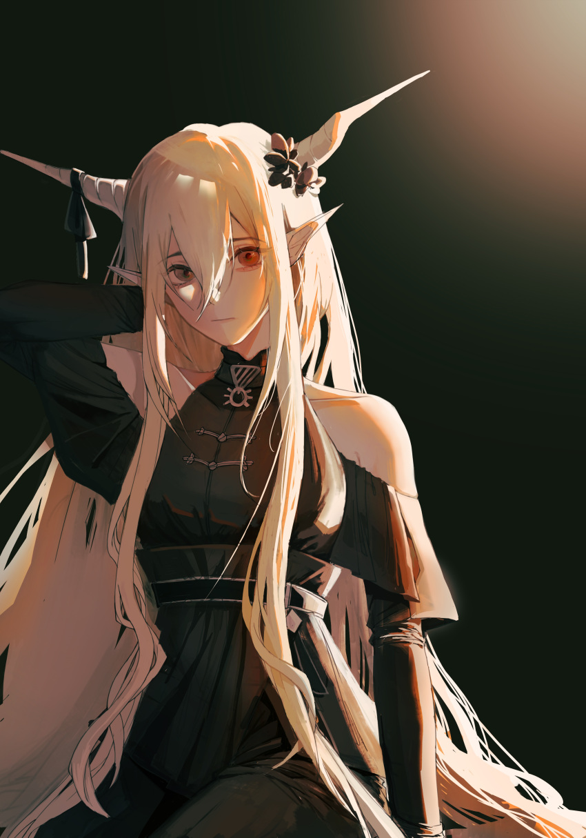 1girl, absurdres, ambience_synesthesia, arknights, bare_shoulders, black_background, black_dress, breasts, clothing_cutout, demon_horns, dress, grey_hair, hair_between_eyes, highres, horn_ornament, horns, long_hair, long_sleeves, looking_at_viewer, official_alternate_costume, pointy_ears, red_eyes, shining_(arknights), shoulder_cutout, simple_background, small_breasts, solo, very_long_hair, xiawu2001